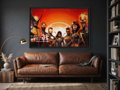 Marvel's Midnight Suns Digital Edition Key Art as a black floater framed canvas in a media room