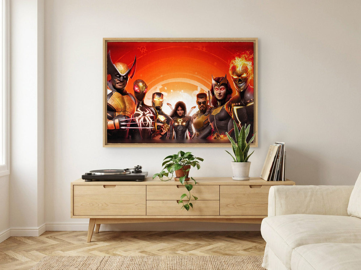 Marvel's Midnight Suns Digital Edition Key Art as an oak floater framed canvas in a Scandinavian lounge