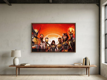 Marvel's Midnight Suns Digital Edition Key Art as a walnut floater framed canvas in a loft