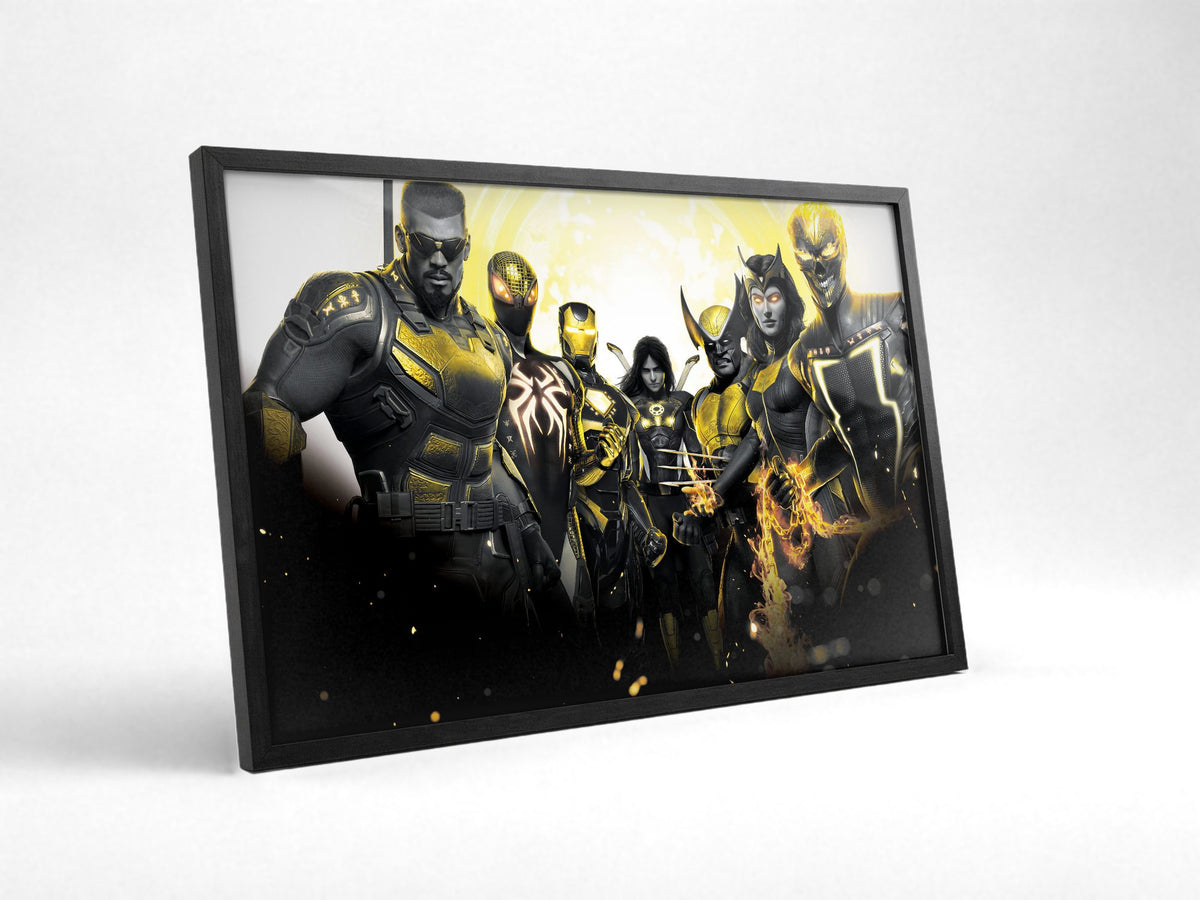Marvel's Midnight Suns Enhanced Edition Key Art poster in a black frame with glass leaning against a wall