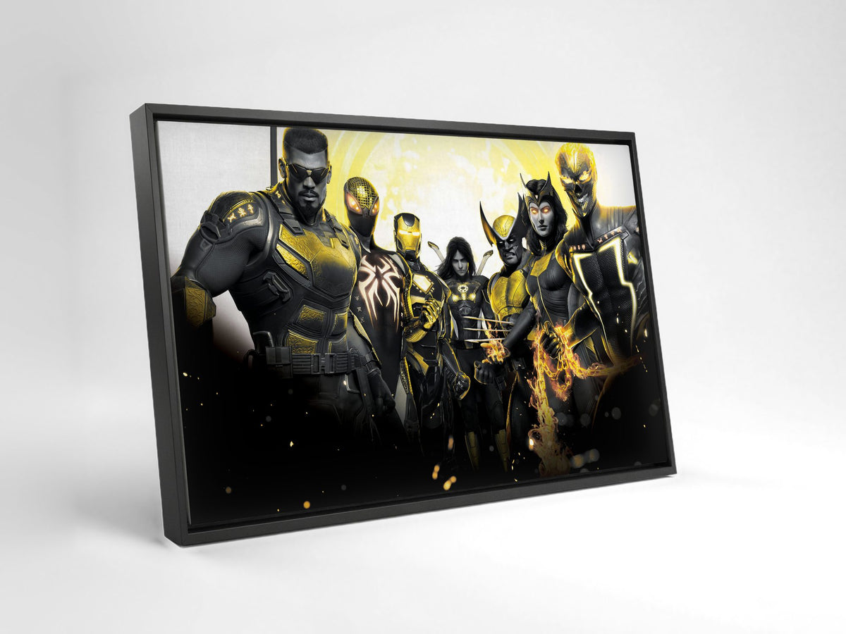 Marvel's Midnight Suns Enhanced Edition Key Art as a black floater framed canvas leaning against a wall
