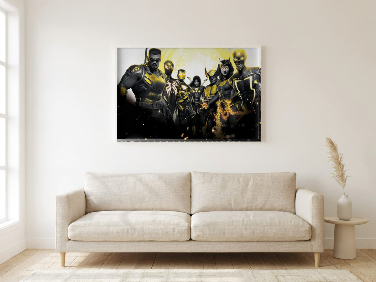 Marvel's Midnight Suns Enhanced Edition Key Art poster in a white frame in a living room