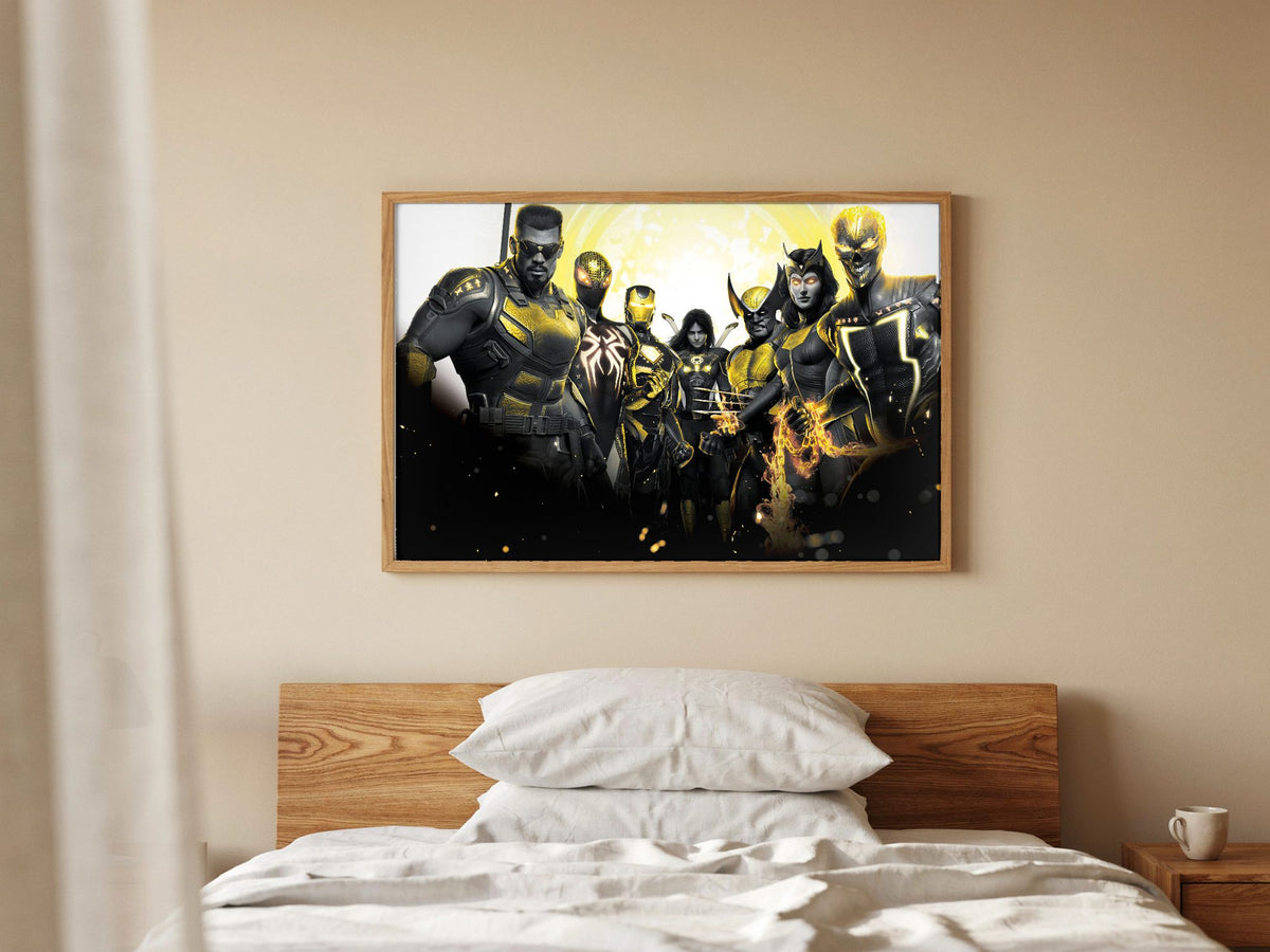 Marvel's Midnight Suns Enhanced Edition Key Art poster in a natural oak frame in a bedroom