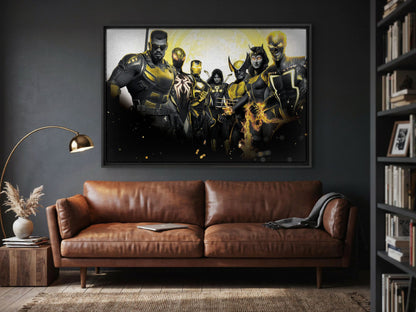 Marvel's Midnight Suns Enhanced Edition Key Art as a black floater framed canvas in a media room