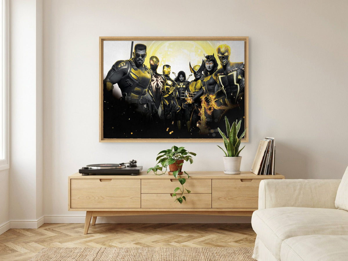Marvel's Midnight Suns Enhanced Edition Key Art as an oak floater framed canvas in a Scandinavian lounge