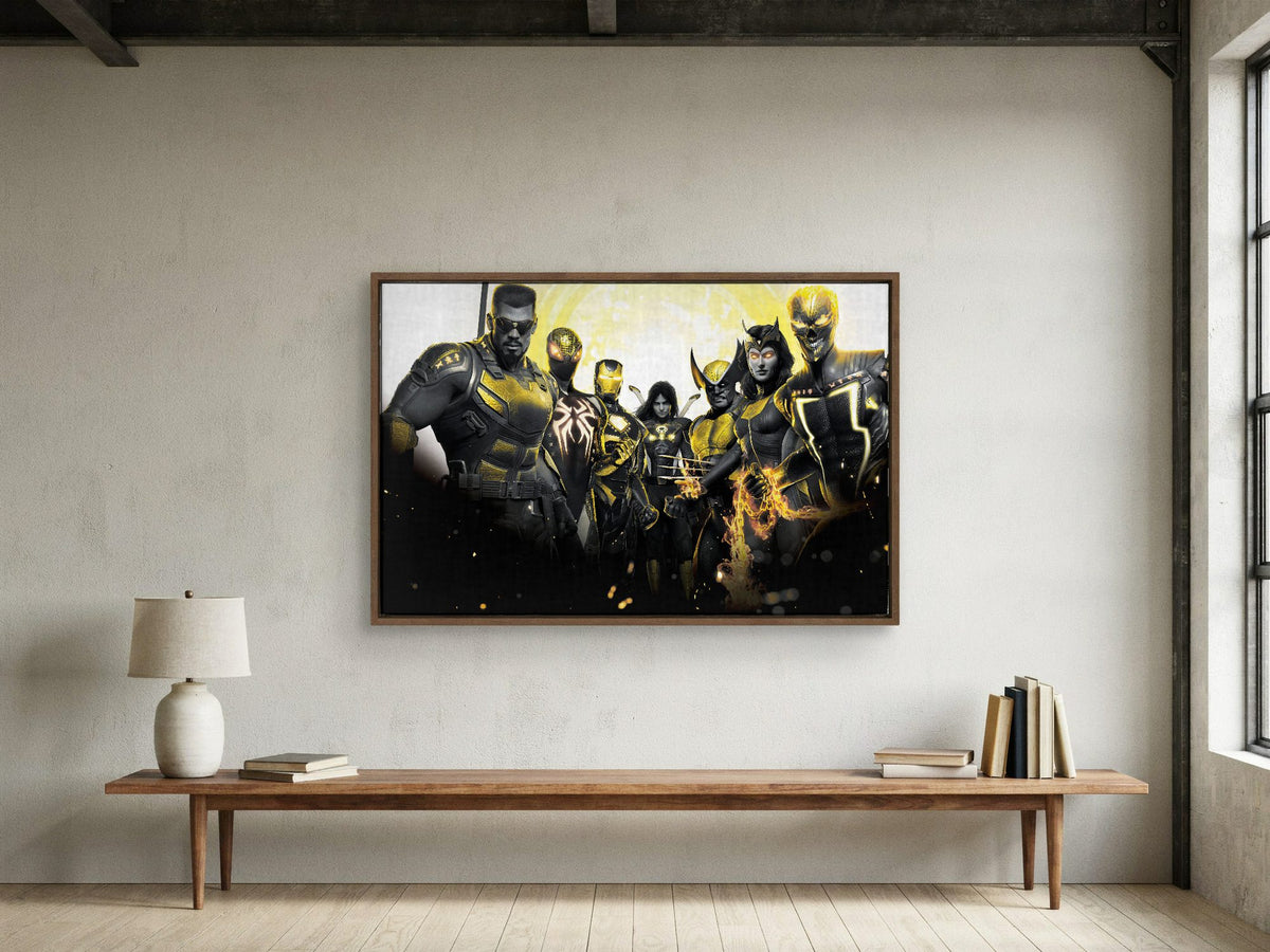 Marvel's Midnight Suns Enhanced Edition Key Art as a walnut floater framed canvas in a loft
