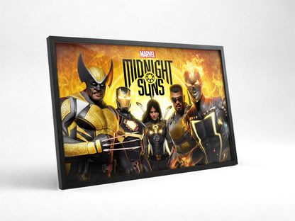 Marvel's Midnight Suns Key Art poster in a black frame with glass leaning against a wall