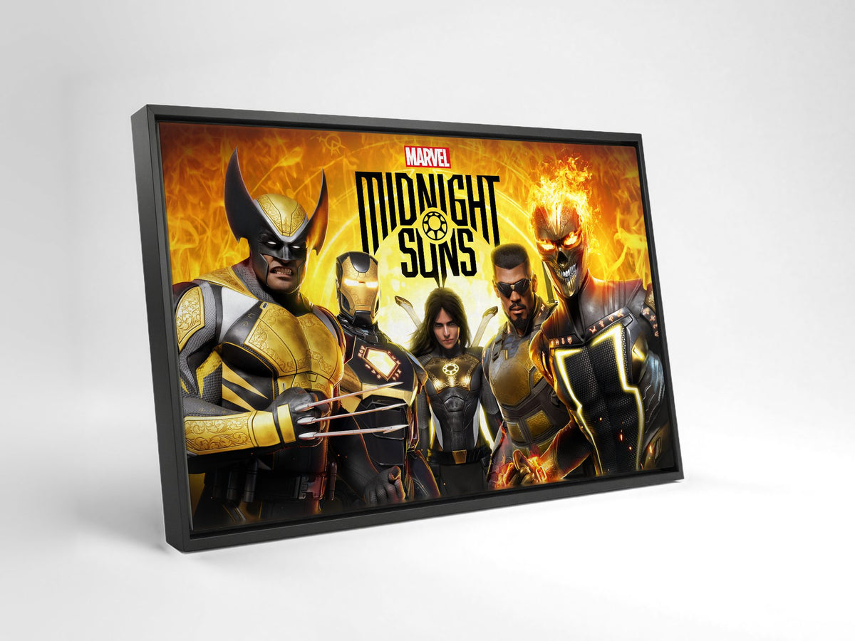 Marvel's Midnight Suns Key Art as a black floater framed canvas leaning against a wall