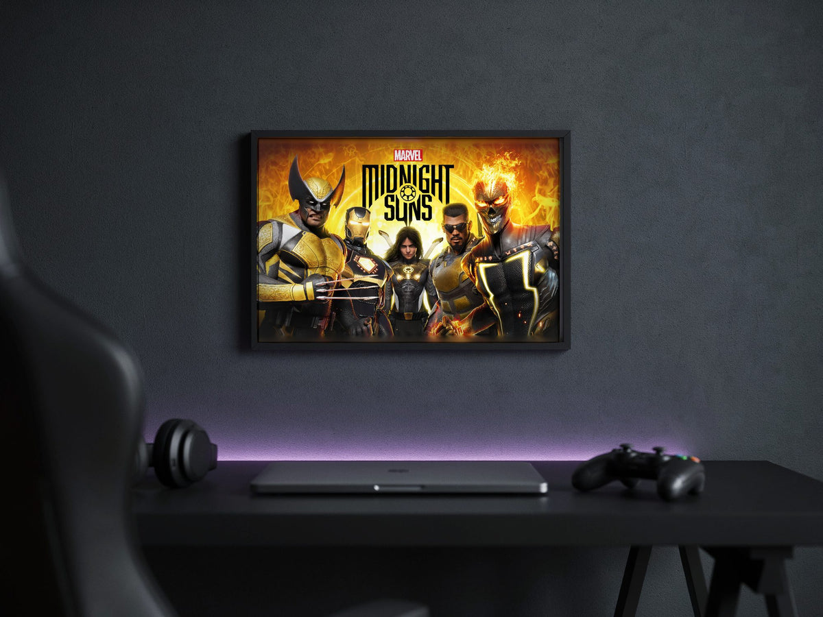 Marvel's Midnight Suns Key Art poster in a black frame above a gaming desk