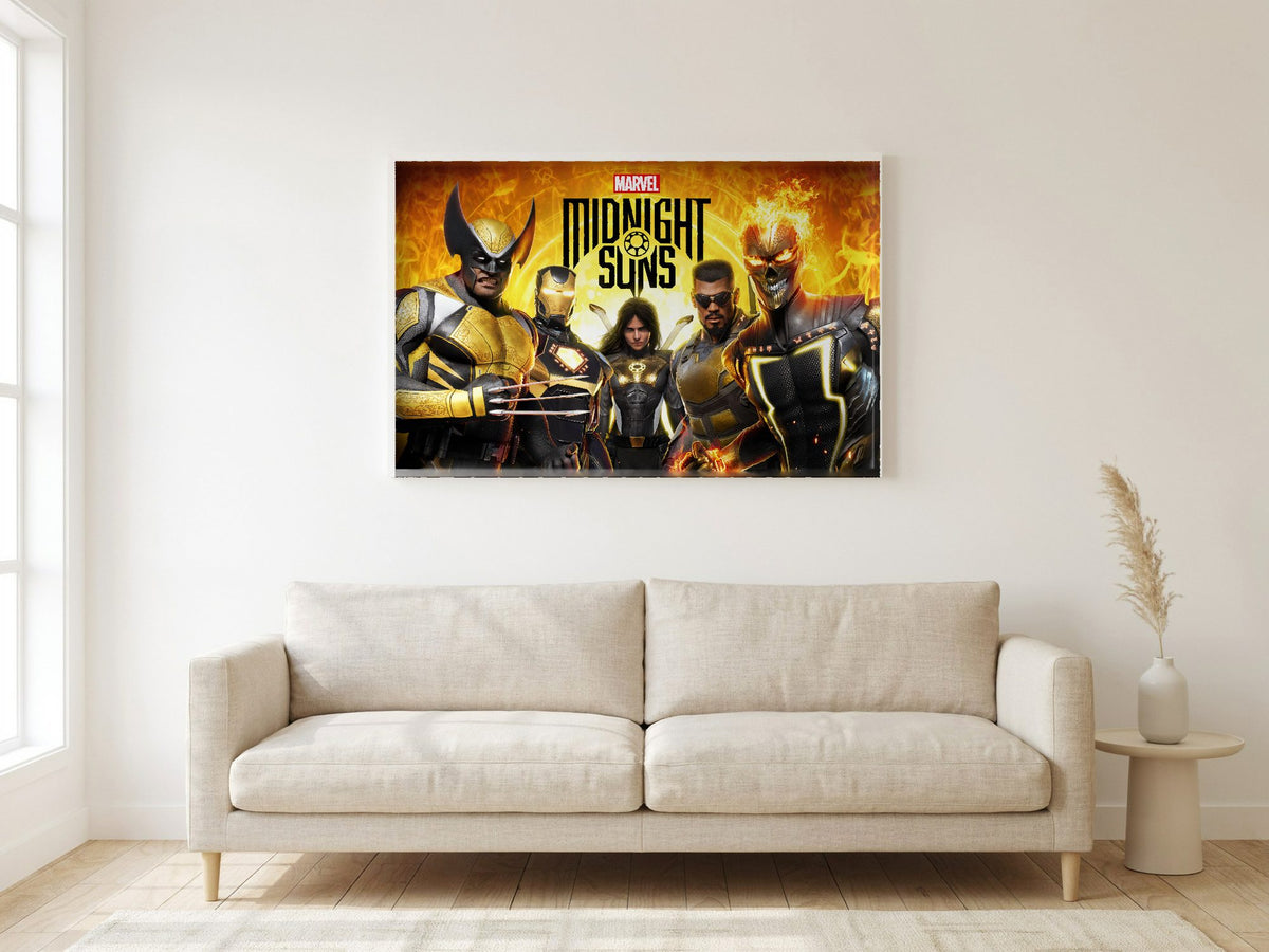 Marvel's Midnight Suns Key Art poster in a white frame in a living room