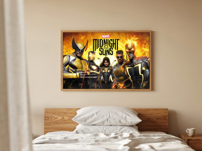 Marvel's Midnight Suns Key Art poster in a natural oak frame in a bedroom