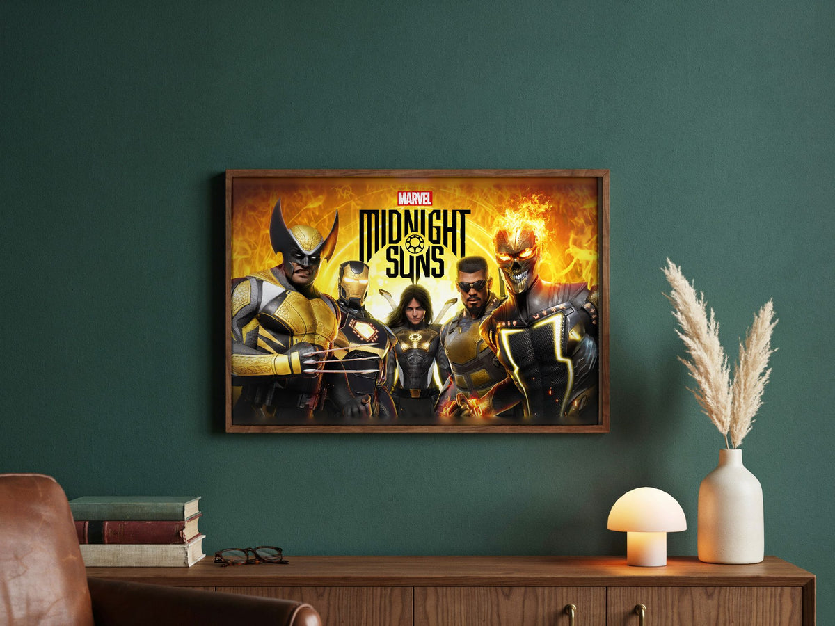 Marvel's Midnight Suns Key Art poster in a dark walnut frame in a green study