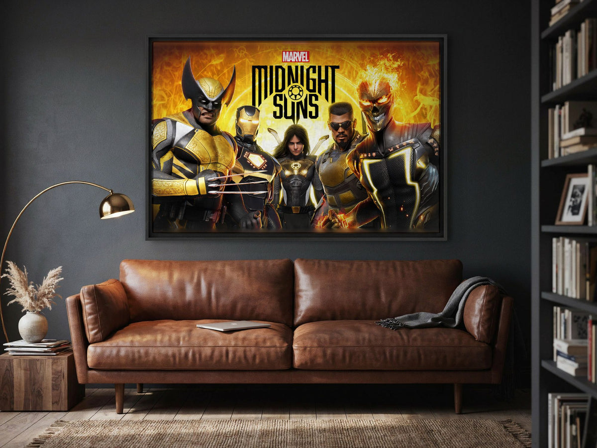 Marvel's Midnight Suns Key Art as a black floater framed canvas in a media room