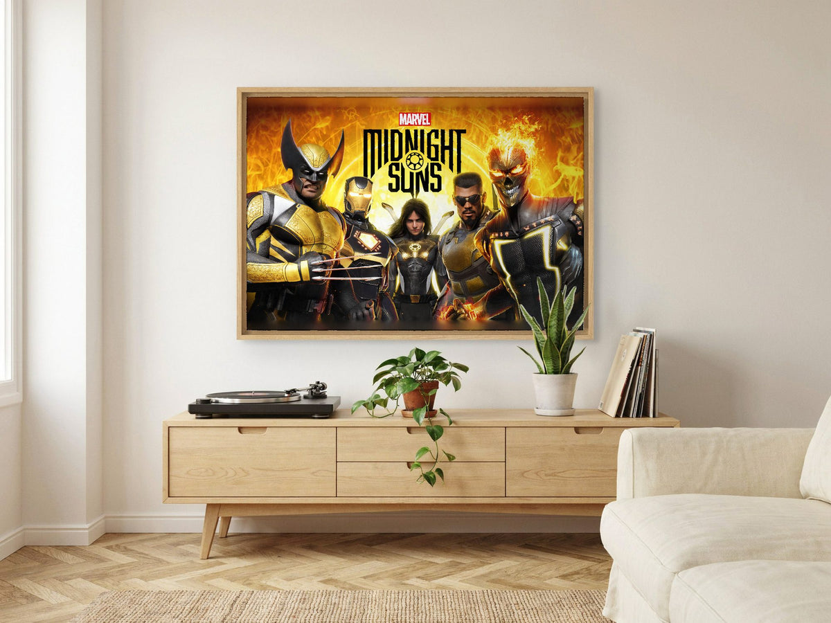 Marvel's Midnight Suns Key Art as an oak floater framed canvas in a Scandinavian lounge