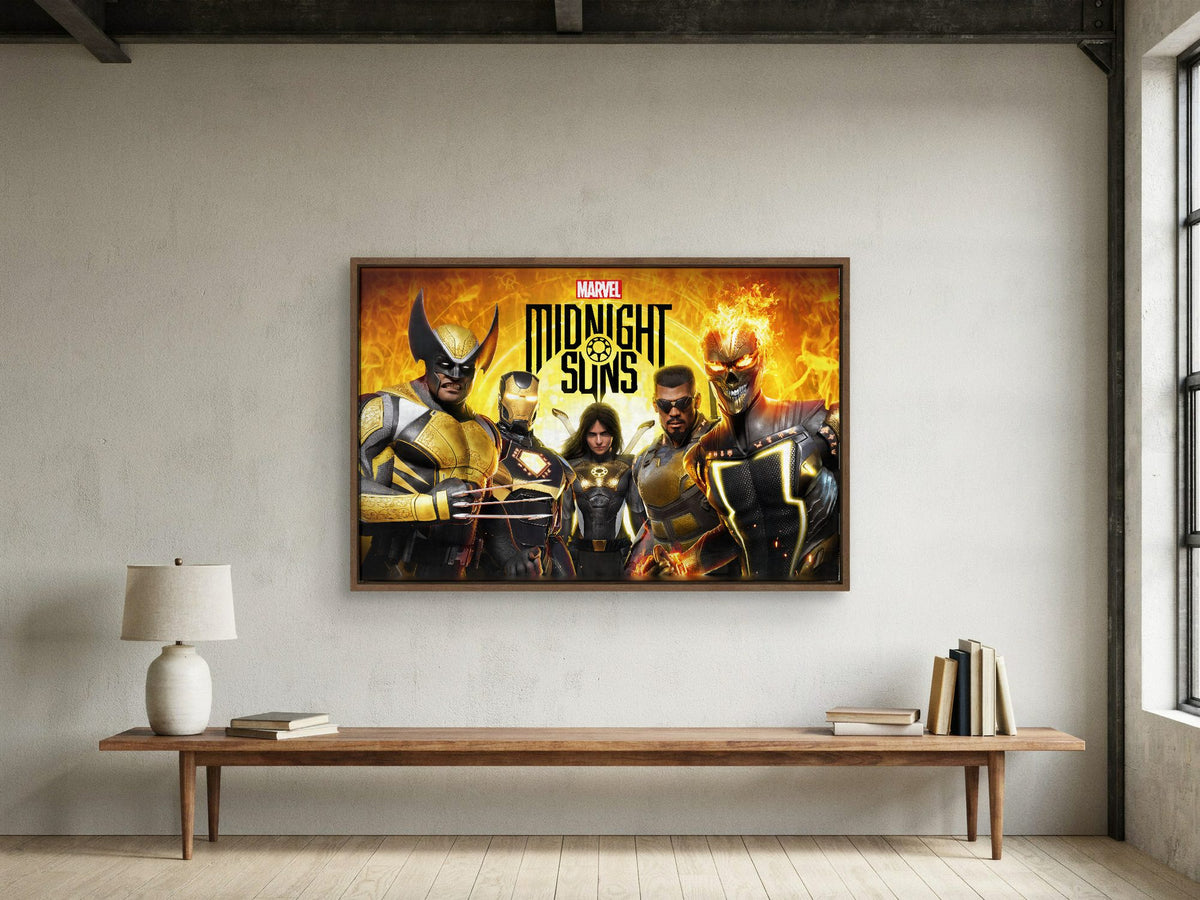 Marvel's Midnight Suns Key Art as a walnut floater framed canvas in a loft