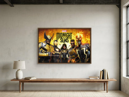 Marvel's Midnight Suns Key Art as a walnut floater framed canvas in a loft
