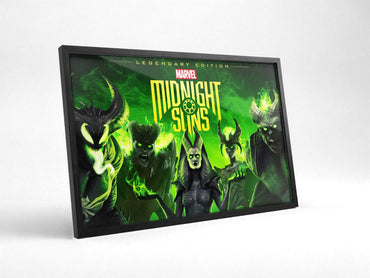 Marvel's Midnight Suns Legendary Edition Key Art poster in a black frame with glass leaning against a wall