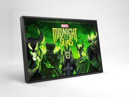 Marvel's Midnight Suns Legendary Edition Key Art as a black floater framed canvas leaning against a wall