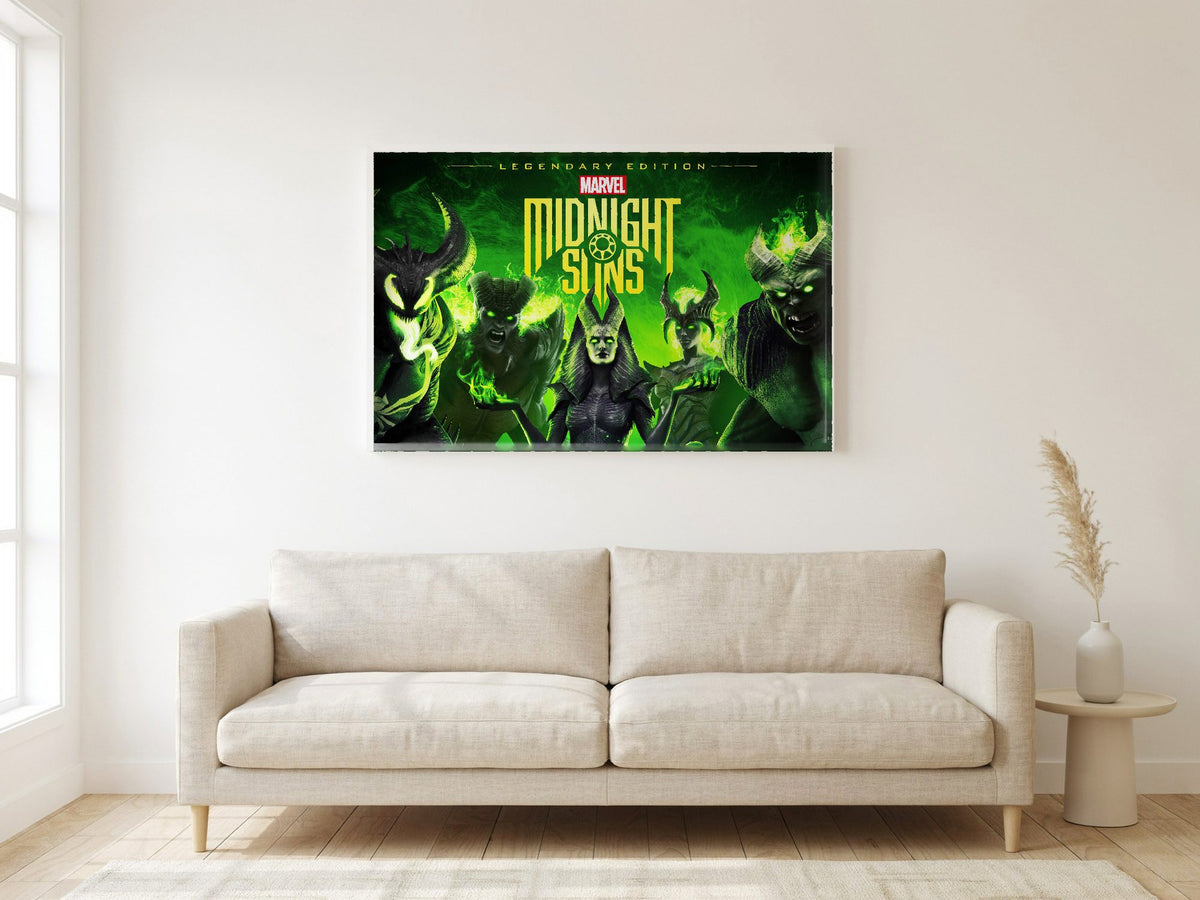 Marvel's Midnight Suns Legendary Edition Key Art poster in a white frame in a living room