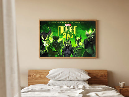 Marvel's Midnight Suns Legendary Edition Key Art poster in a natural oak frame in a bedroom