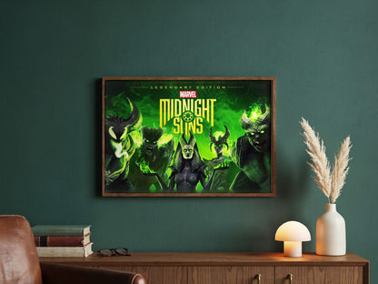 Marvel's Midnight Suns Legendary Edition Key Art poster in a dark walnut frame in a green study