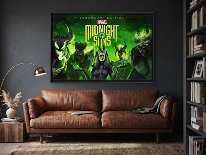 Marvel's Midnight Suns Legendary Edition Key Art as a black floater framed canvas in a media room