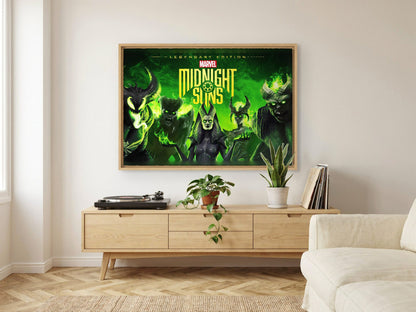 Marvel's Midnight Suns Legendary Edition Key Art as an oak floater framed canvas in a Scandinavian lounge