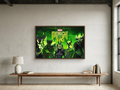 Marvel's Midnight Suns Legendary Edition Key Art as a walnut floater framed canvas in a loft