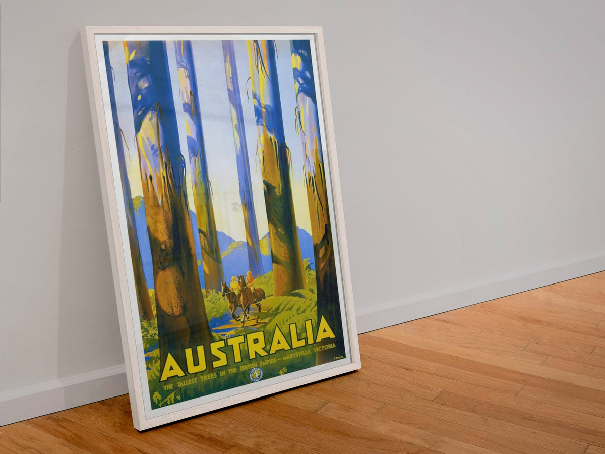 Marysville Australia poster in a white frame leaning against a wall