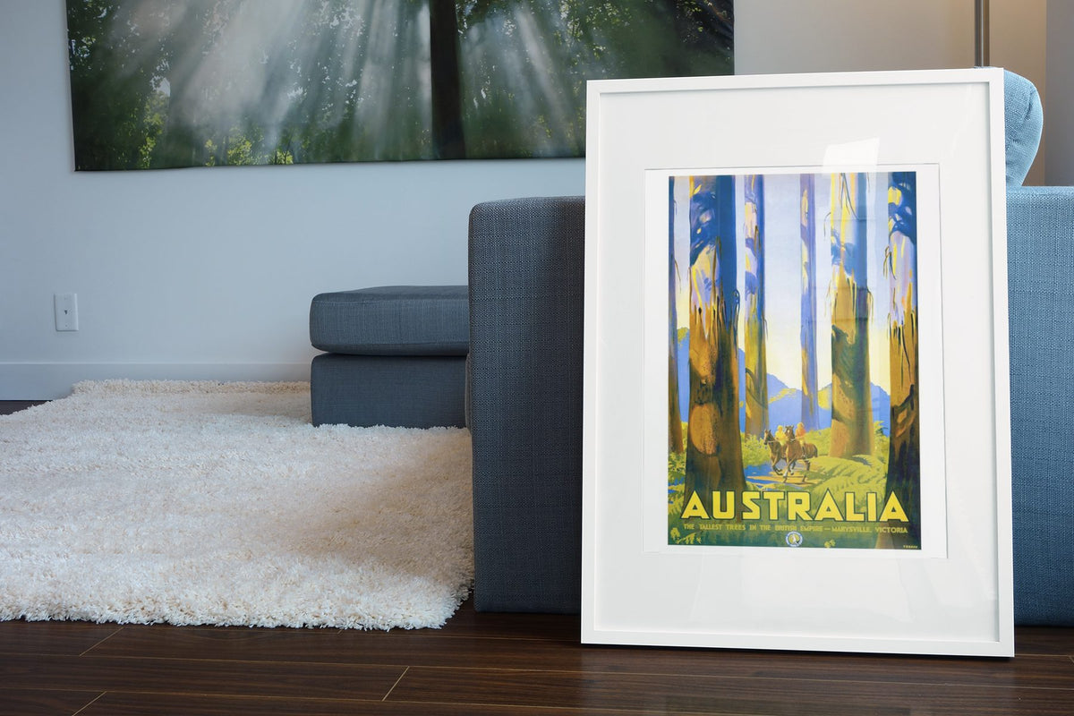 Marysville Australia poster leaning beside a blue sofa