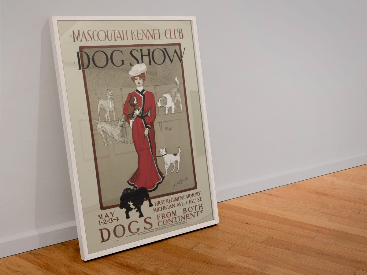 Mascoutah Kennel Club Dog Show poster in a white frame leaning against a wall