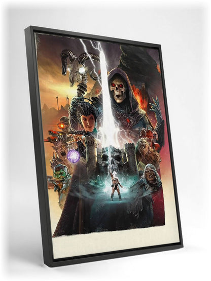 Masters of the Universe (2026) Movie Key Art as a black floater framed canvas leaning against a wall