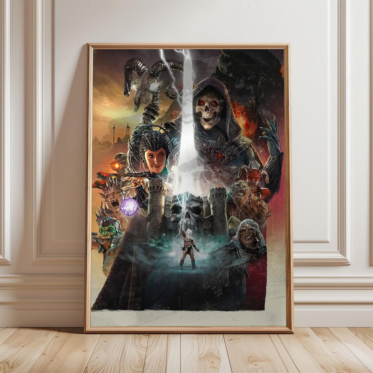 Masters of the Universe (2026) Movie Key Art poster in a light oak frame leaning against a white wall