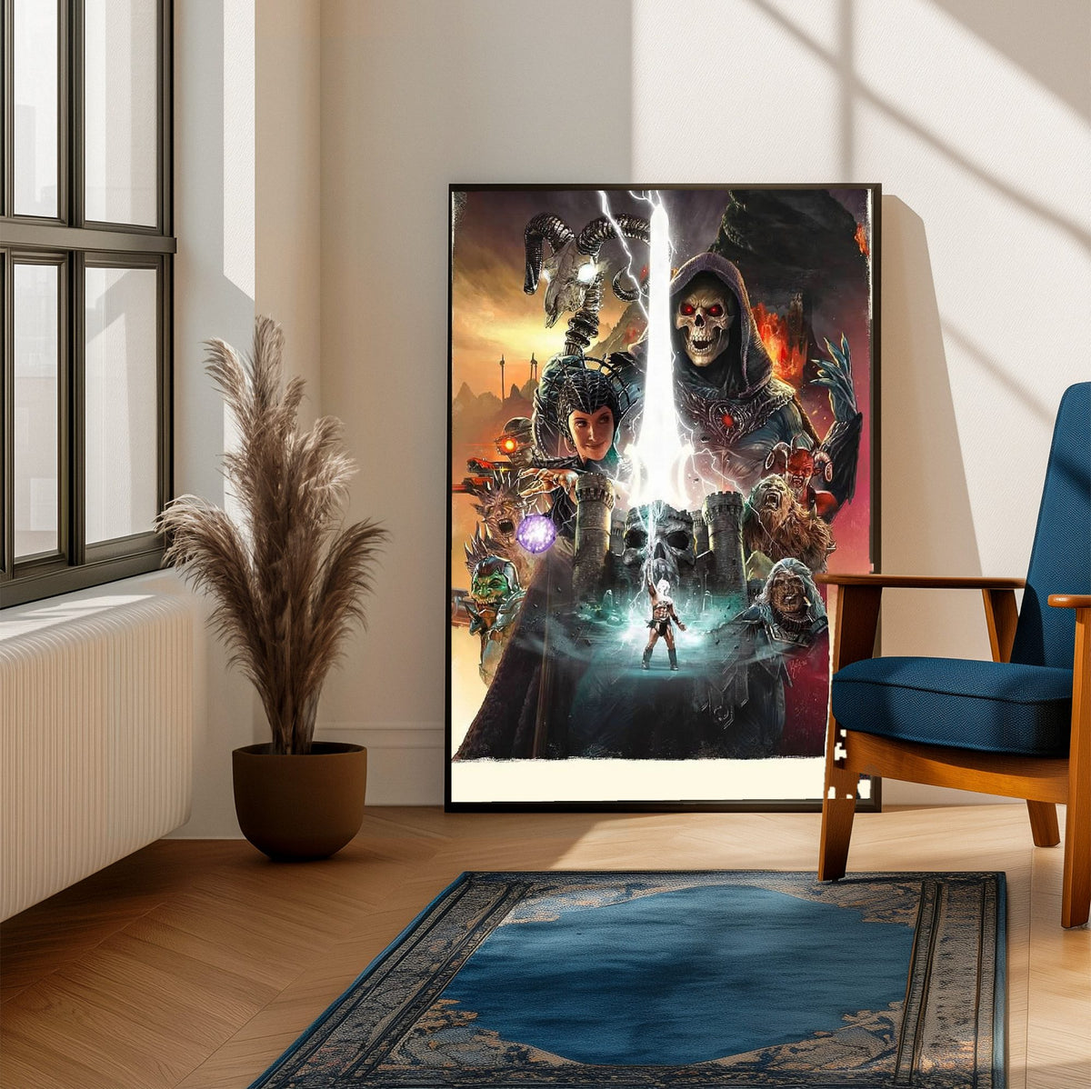 Masters of the Universe (2026) Movie Key Art poster framed beside a blue armchair in a sunlit room
