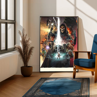 Masters of the Universe (2026) Movie Key Art poster framed beside a blue armchair in a sunlit room