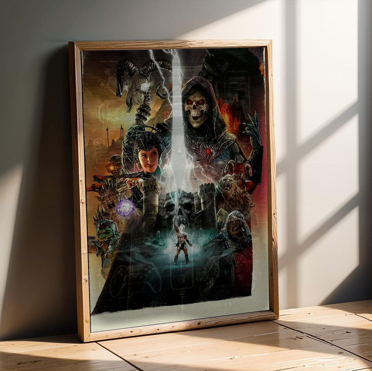 Masters of the Universe (2026) Movie Key Art poster in an oak frame leaning on a wooden floor