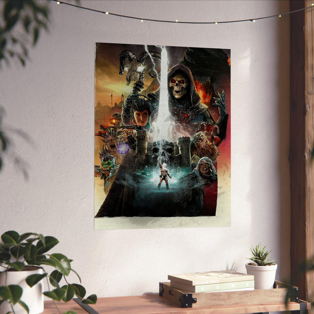 Masters of the Universe (2026) Movie Key Art poster unframed on a white wall above a desk