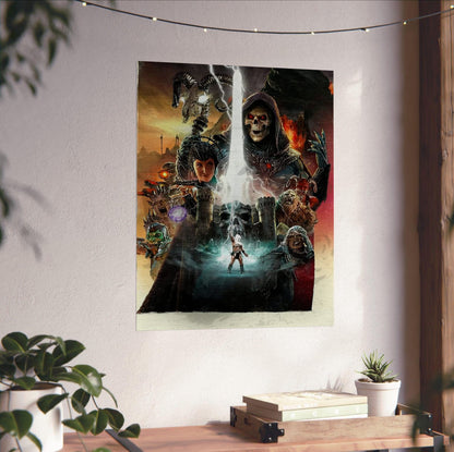 Masters of the Universe (2026) Movie Key Art poster unframed on a white wall above a desk
