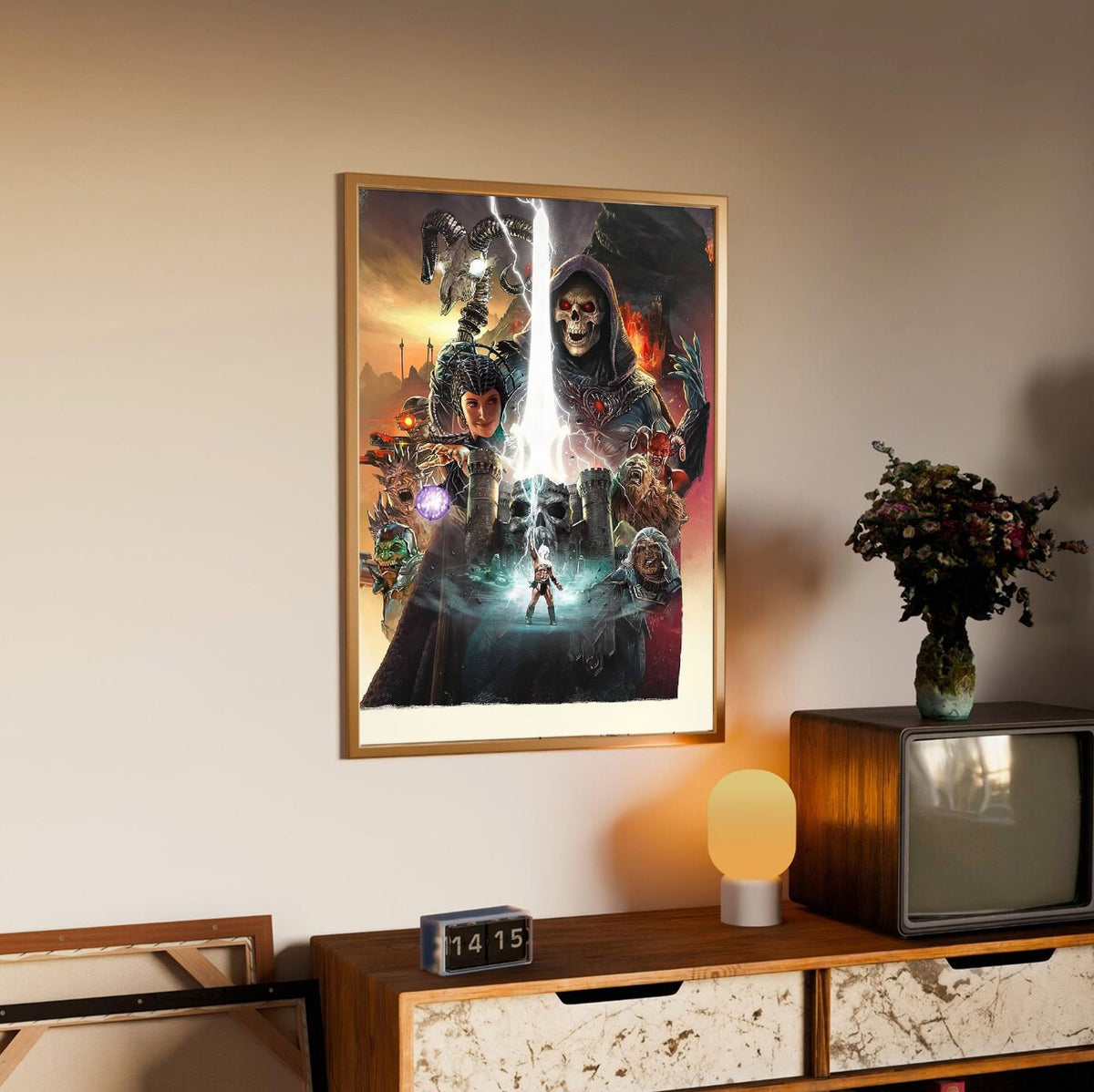 Masters of the Universe (2026) Movie Key Art poster in an oak frame above a sideboard