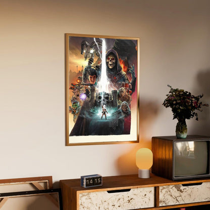 Masters of the Universe (2026) Movie Key Art poster in an oak frame above a sideboard