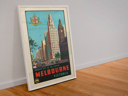 Melbourne Seventh City of the Empire poster in a white frame leaning against a wall