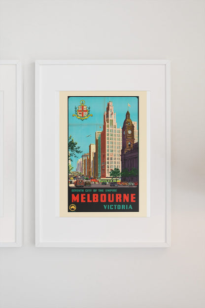 Melbourne Seventh City of the Empire poster on a light wall
