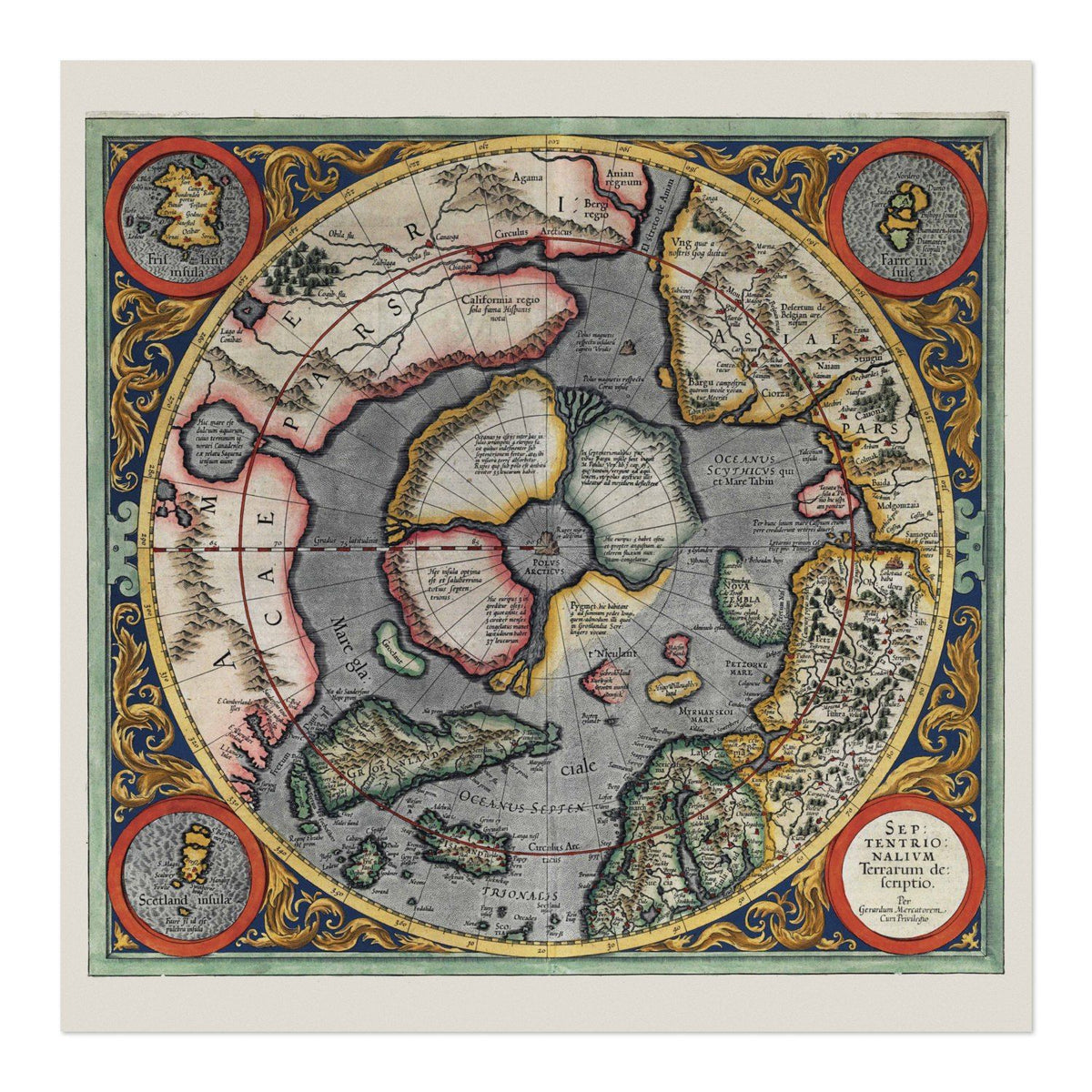 Mercator North Pole 1595 Map vintage print