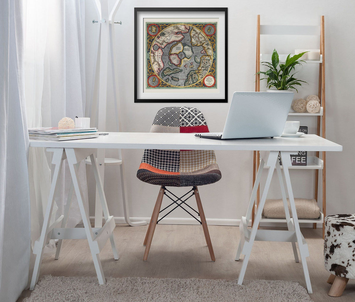 Mercator North Pole 1595 Map print framed above a white desk in a home office
