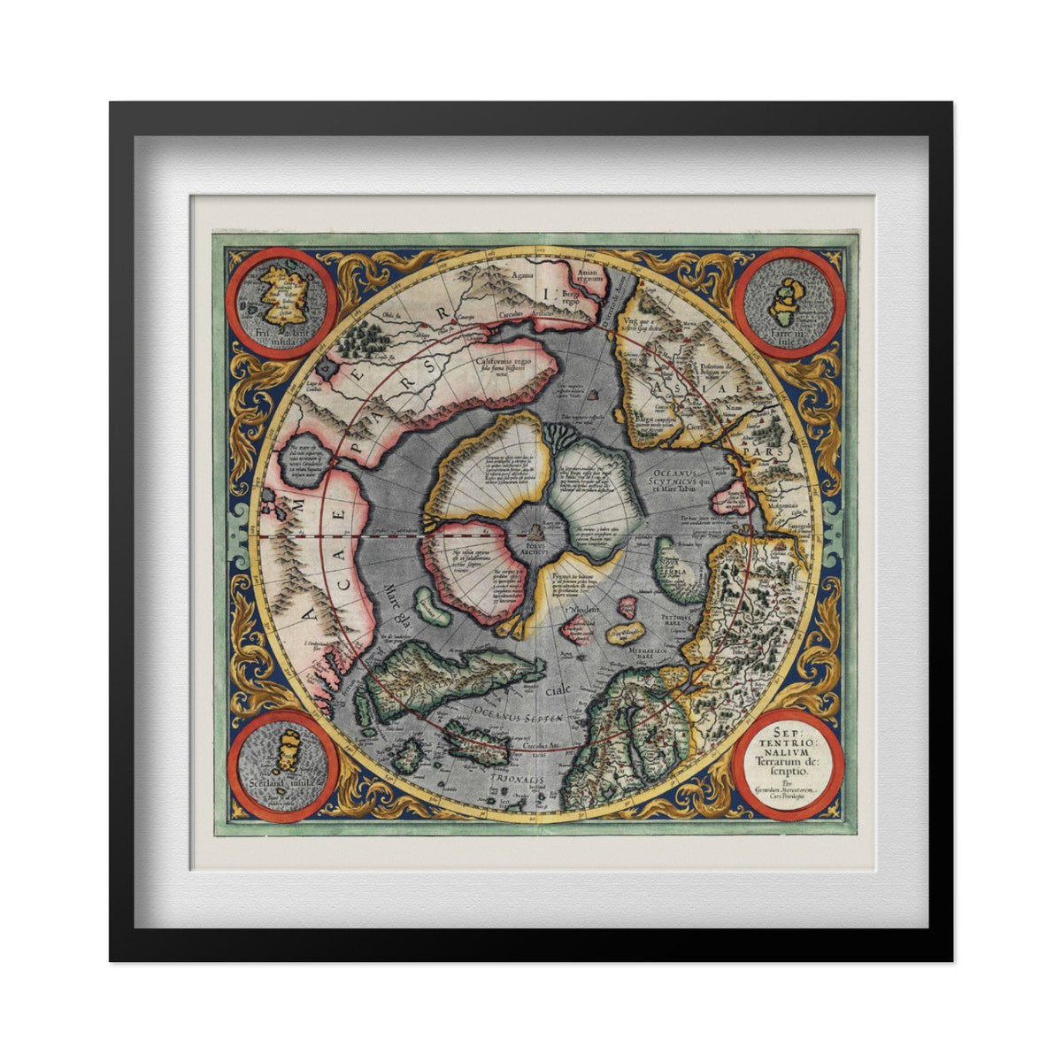 Mercator North Pole 1595 Map print in a black frame with a white mat