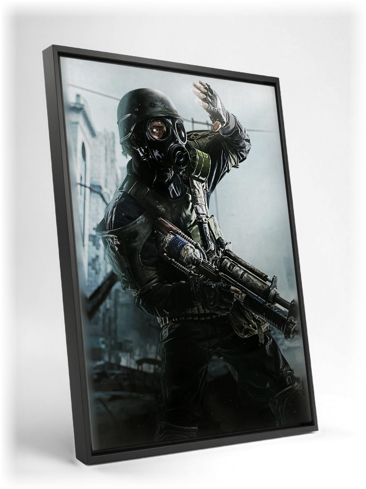 Metro 2033 Redux Key Art as a black floater framed canvas leaning against a wall