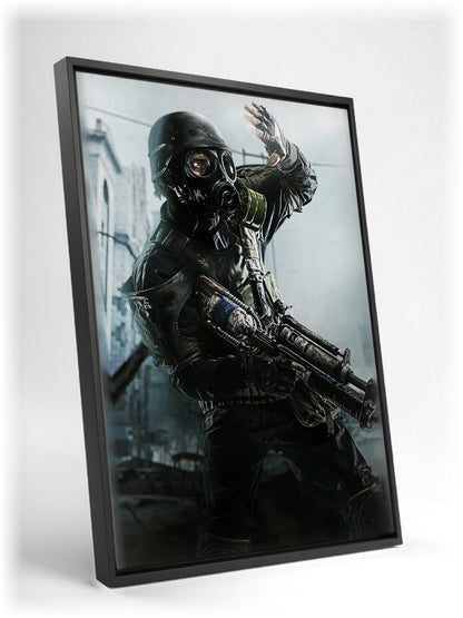Metro 2033 Redux Key Art as a black floater framed canvas leaning against a wall