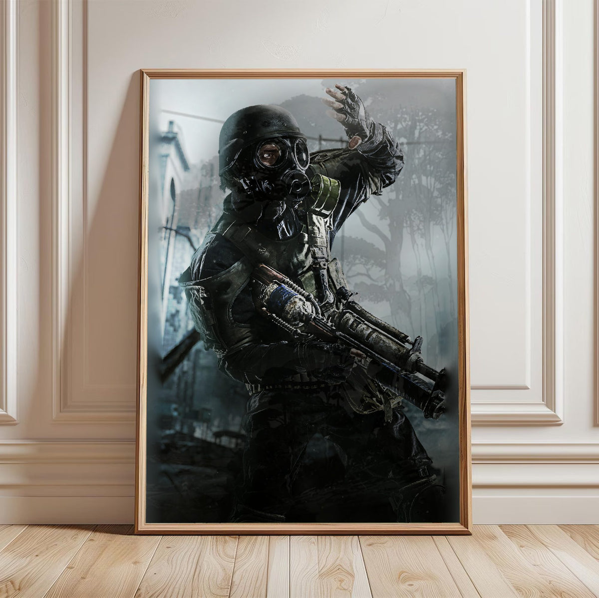 Metro 2033 Redux Key Art poster in a light oak frame leaning against a white wall