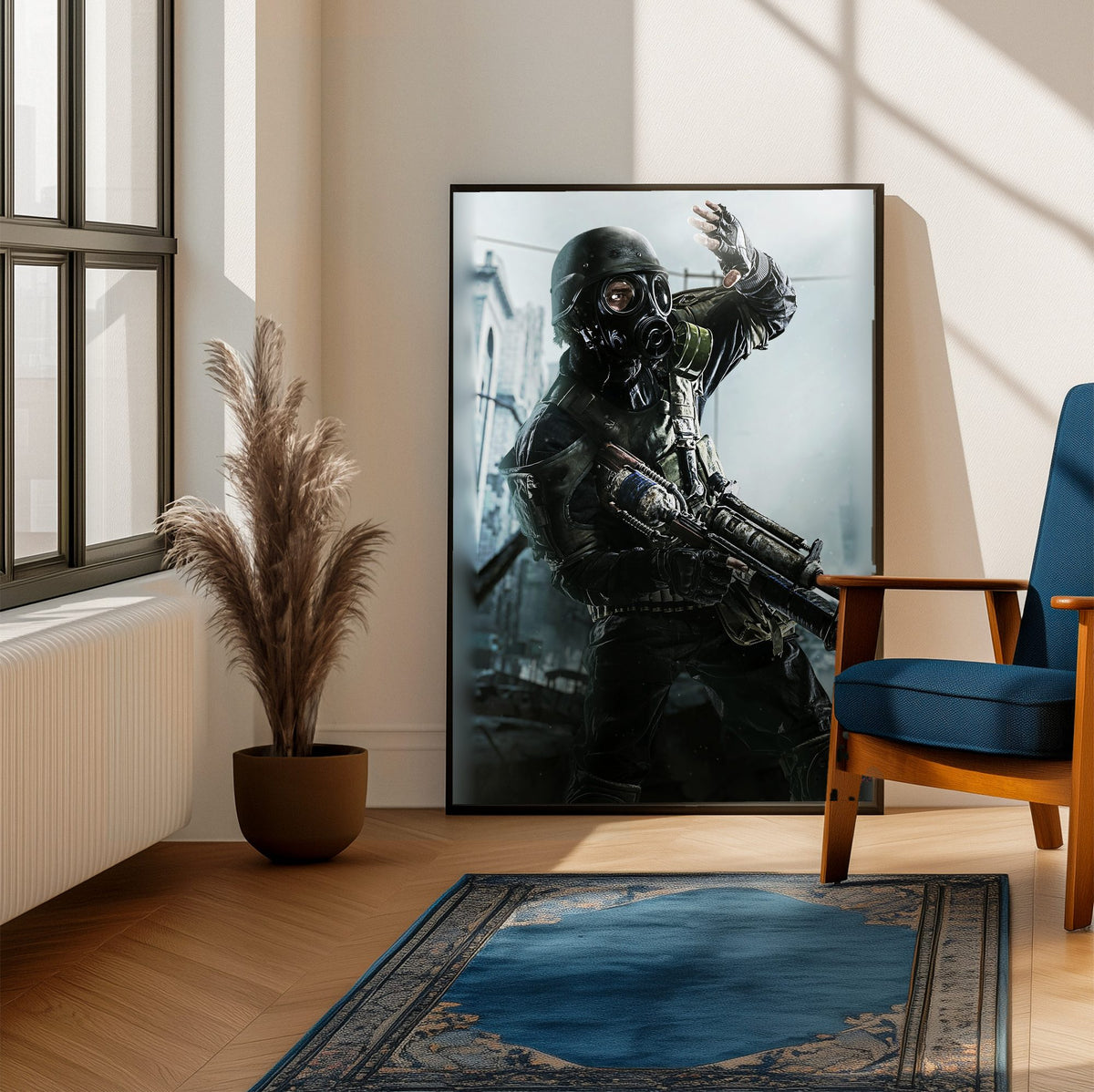 Metro 2033 Redux Key Art poster framed beside a blue armchair in a sunlit room