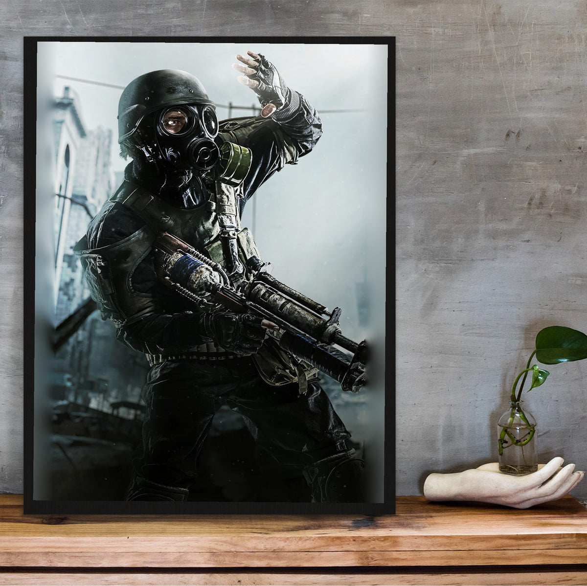 Metro 2033 Redux Key Art poster in a black frame on a wooden shelf against concrete